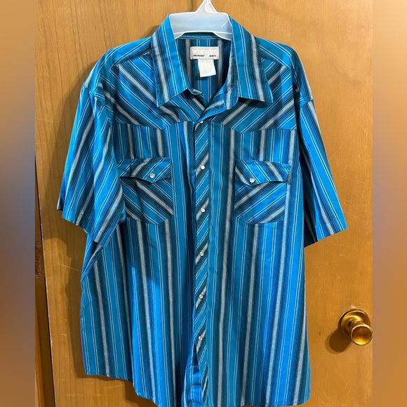 wrangler wrancher Other - Wrangler Wrancher Western Pearl Snap Shirt Blue Striped Cowboy Rodeo Mens Medium